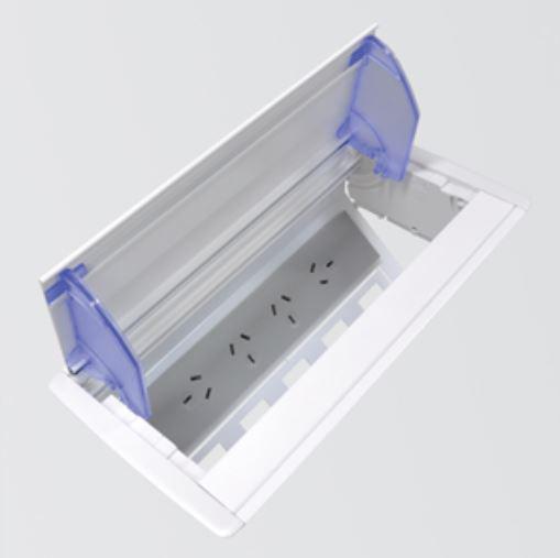 OE Elsafe Axxess QF45 in-desk box with anodised lid, featuring 4 GPOs and 5 data cutouts in grey/silver finish.